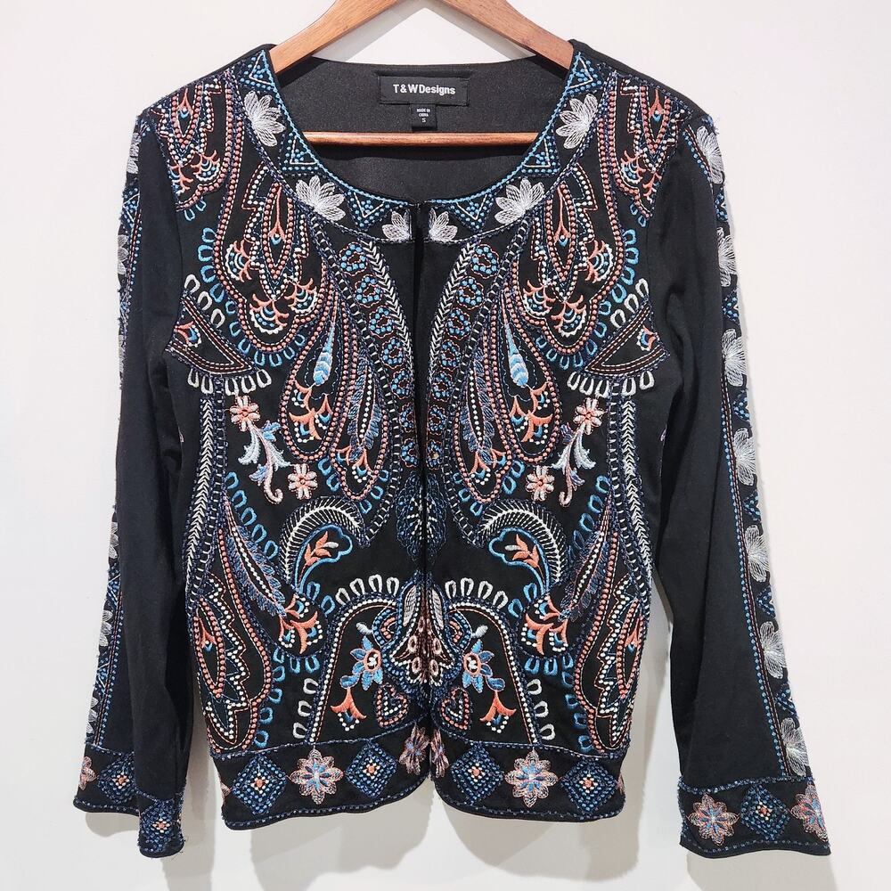 T&W Designs Womens Black Paisley Embroidered Beaded Bolero Jacket Size Small